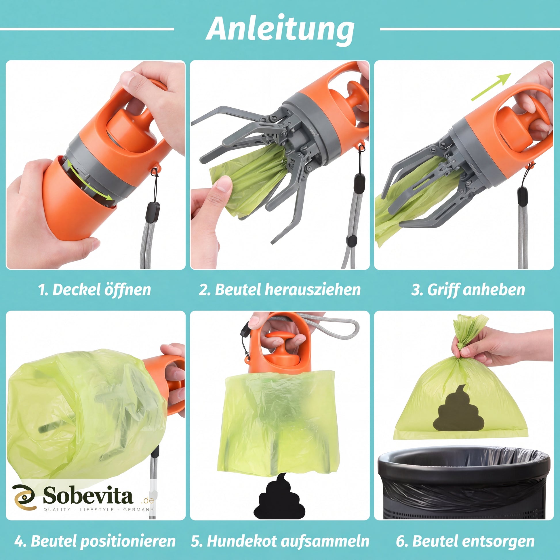 Sobevita Hundekotschaufel mit eingebautem Beutel-Spender und Tragband